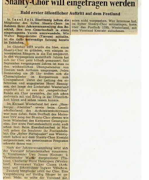 Zeitungsartikel: Shanty-Chor will eingetragen werden, 1979