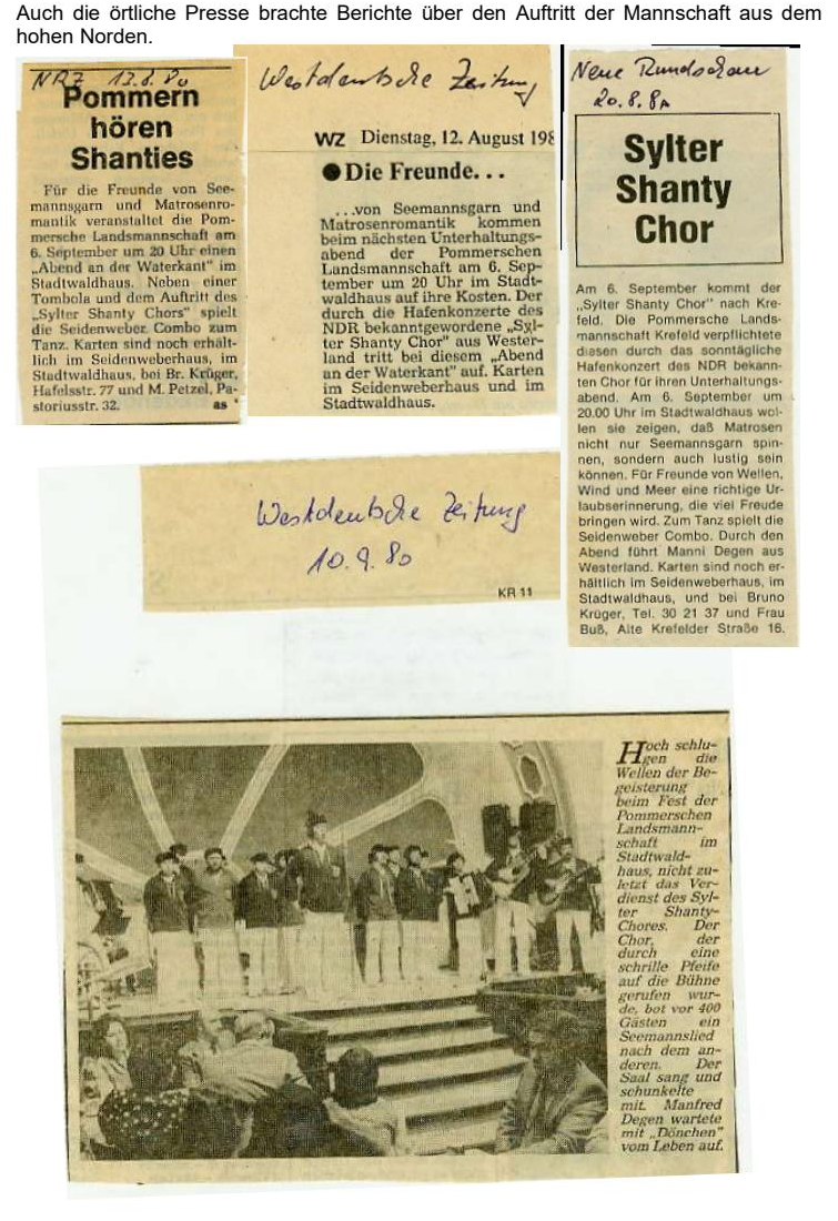 Presseberichte aus Krefeld über den Auftritt des Sylter Shanty-Chores, 1980